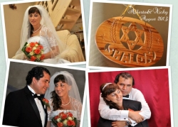 A collage of wedding photo and a tender hug filled with laughter
