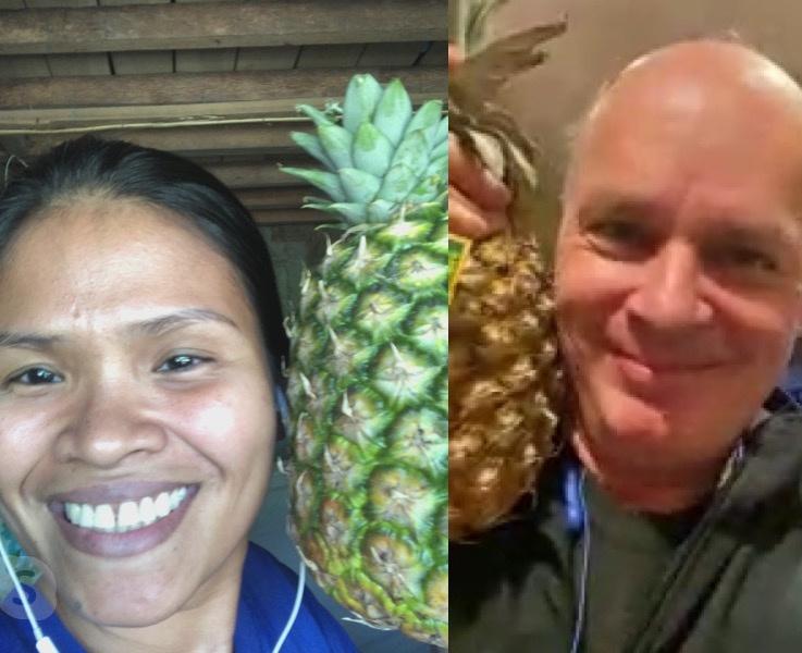 Canadian Christian couple each holding a pineapple while on a video call