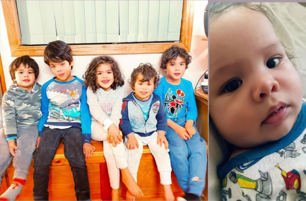 A collage of 5 cute children sitting on a desk, with a second photo of their new baby brother.
