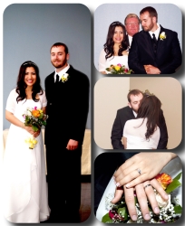 A collage of wedding photos of an interracial couple marrying