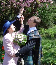 A man hugs a woman and pulls a flower off a tree as he prepares to kiss her