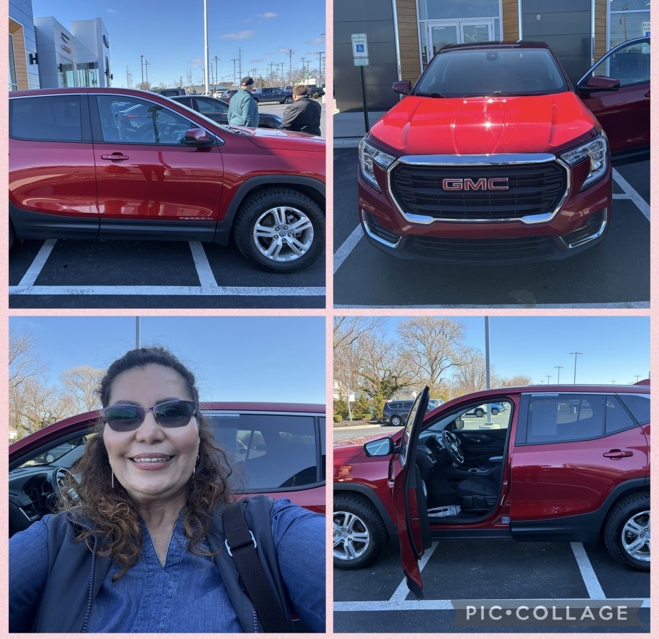 A collage of photos of a woman and her new red GMC SUV