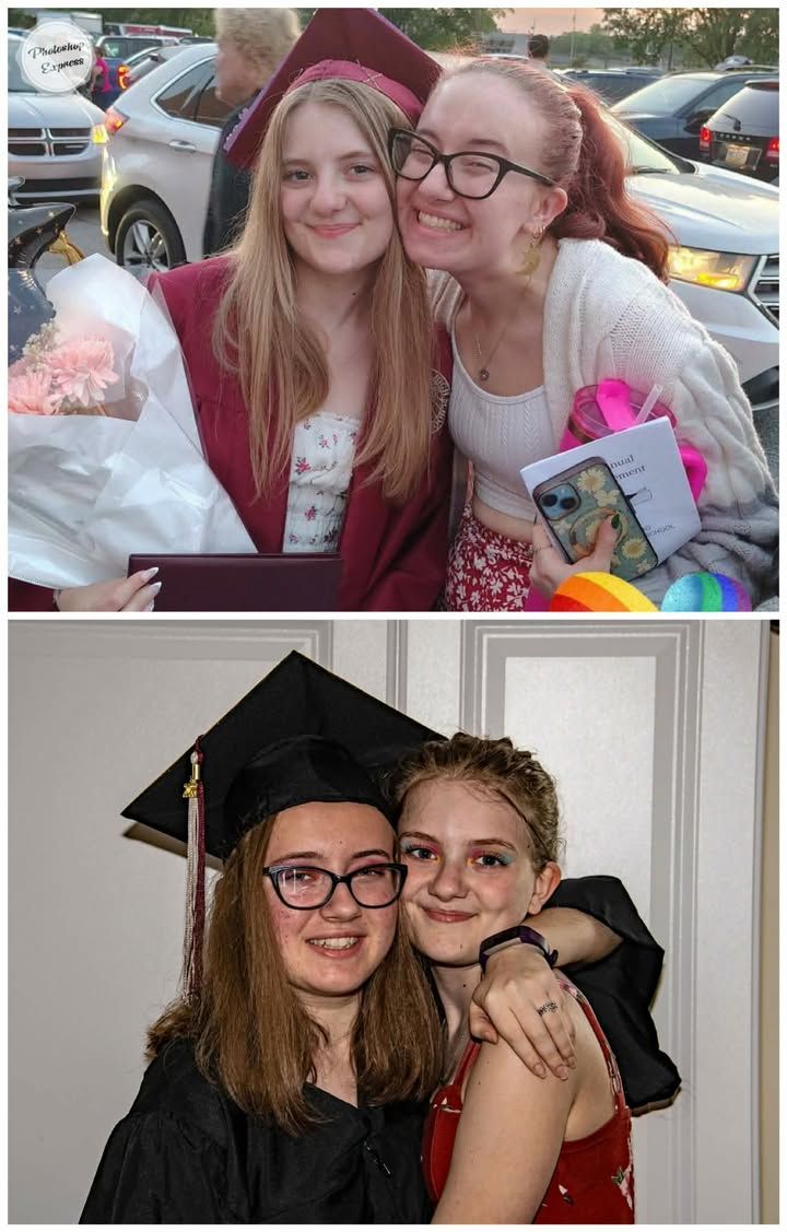 A two photo collage of 2 sisters posing together, outdoors at a graduation and inside celebrating