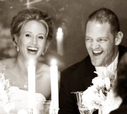 Bride and groom burst out laughing