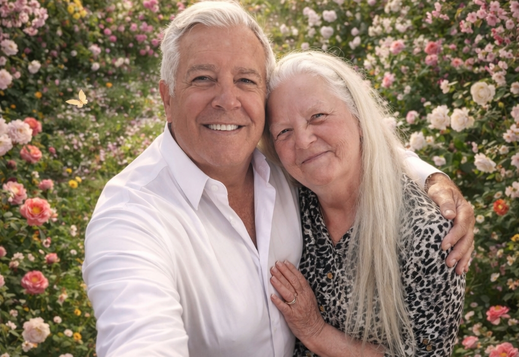 A very happy woman leans tenderly into her husband who smiles while taking their selfie