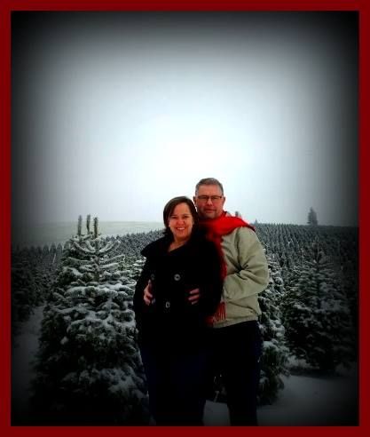 Christian couple outdoors at Christmas tree farm