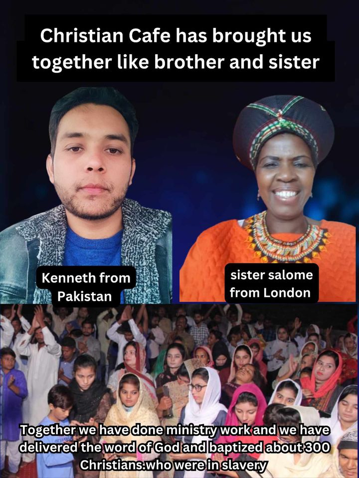 A Pakistani Christian man is framed next to a British Christian woman and both are pictured above a crowd of Pakistani Christian women