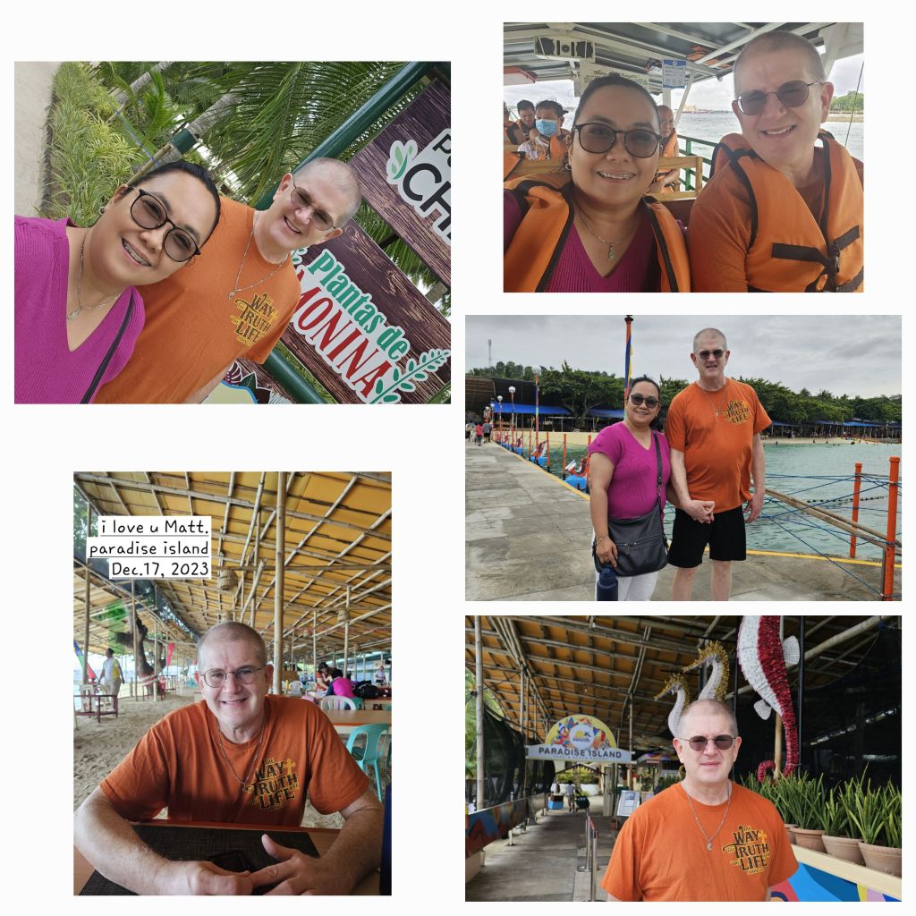 A single Christian woman in the Philippines tells an American man that she loves him. A collage of photos showing their adventures on a tour boat and on a beach in the Philippines