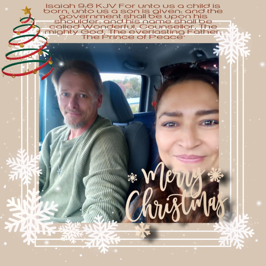 Photo of a couple in a car with a frame which has a Christmas themed quote from Isaiah
