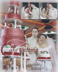 A collage of wedding photos, including wedding cake and smiling couple