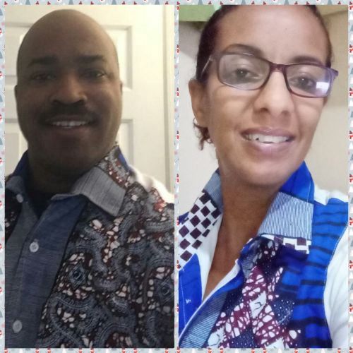 Black American Christian man smiling at beautiful Ethiopian wife while on video chat