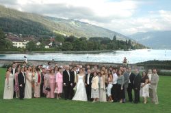 A huge wedding photo in the Swiss countryside for English couple married in Switzerland